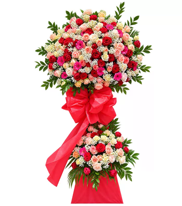 Kệ khai trương hồng đỏ phấn hai tầng