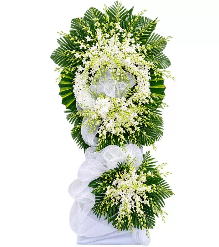 Kệ hoa viếng trắng xanh, nơ và vải trắng
