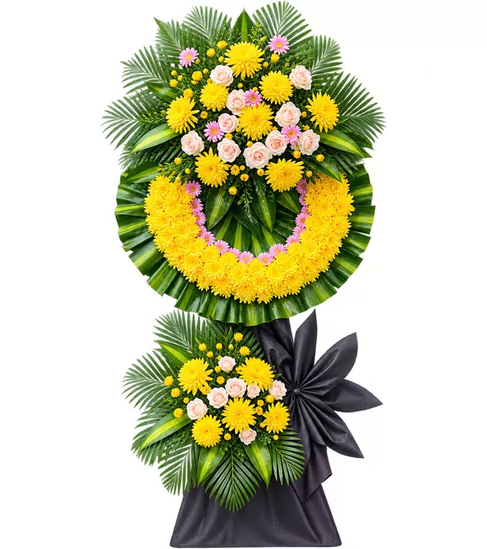 Kệ hoa viếng vàng hồng nơ đen, vòng viếng vàng
