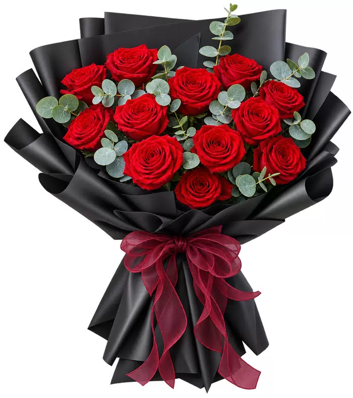 Bó hồng đỏ, giấy đen, nơ đỏ sẫm