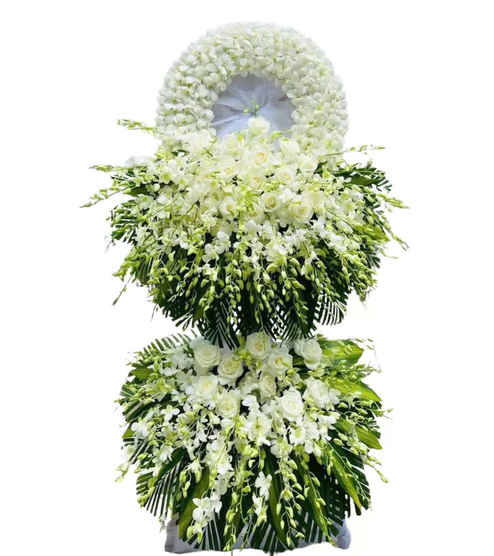 Kệ hoa viếng trắng xanh, hoa cúc trắng và lan trắng