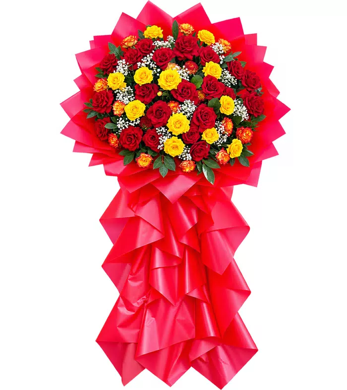 Kệ khai trương hồng đỏ vàng, giấy và nơ đỏ