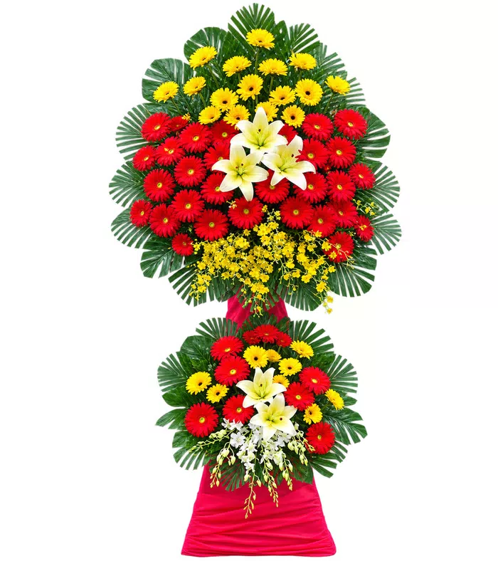 Kệ khai trương đồng tiền đỏ vàng, lá xanh và vải đỏ