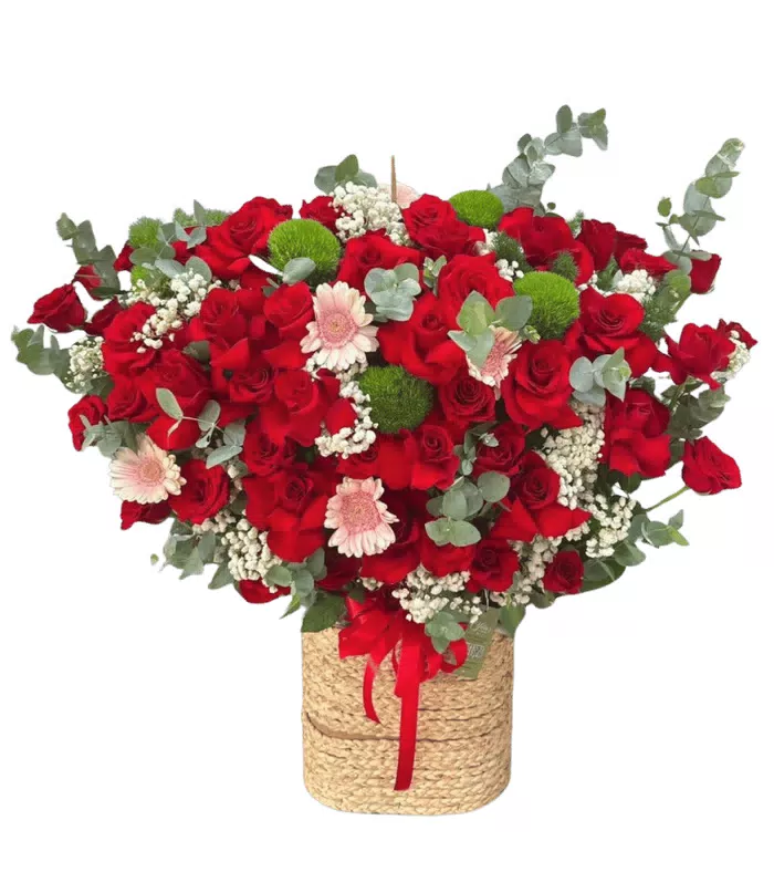 Giỏ hồng đỏ phối đồng tiền hồng phấn