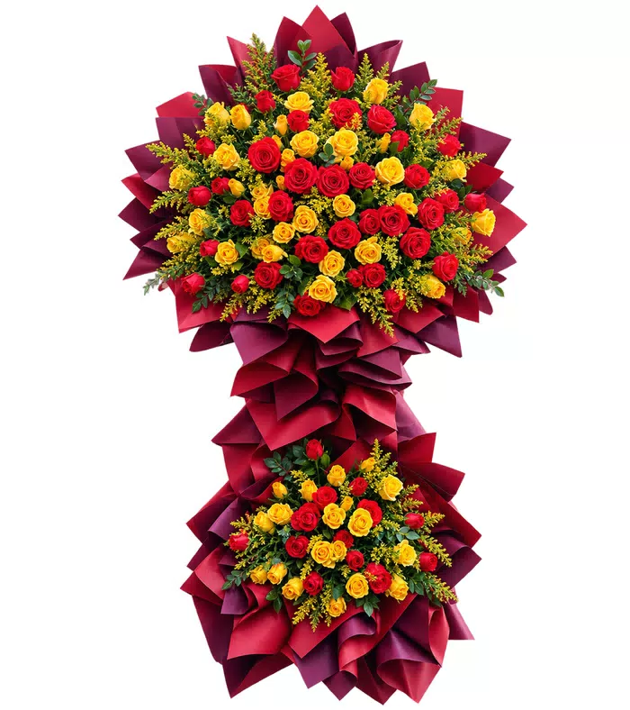 Kệ khai trương đỏ vàng hai tầng, lan vàng và giấy đỏ sẫm