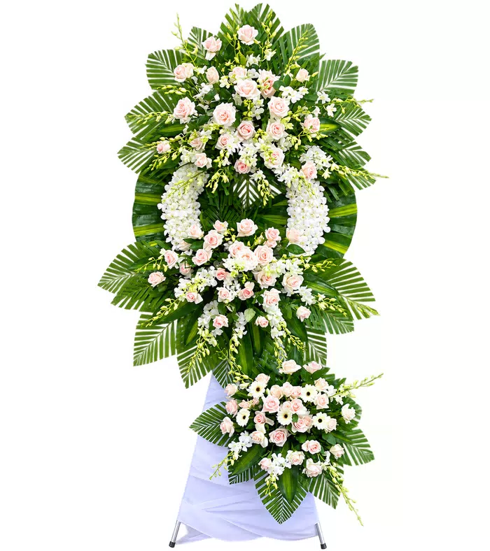 Kệ hoa viếng hồng phấn trắng, vòng tròn