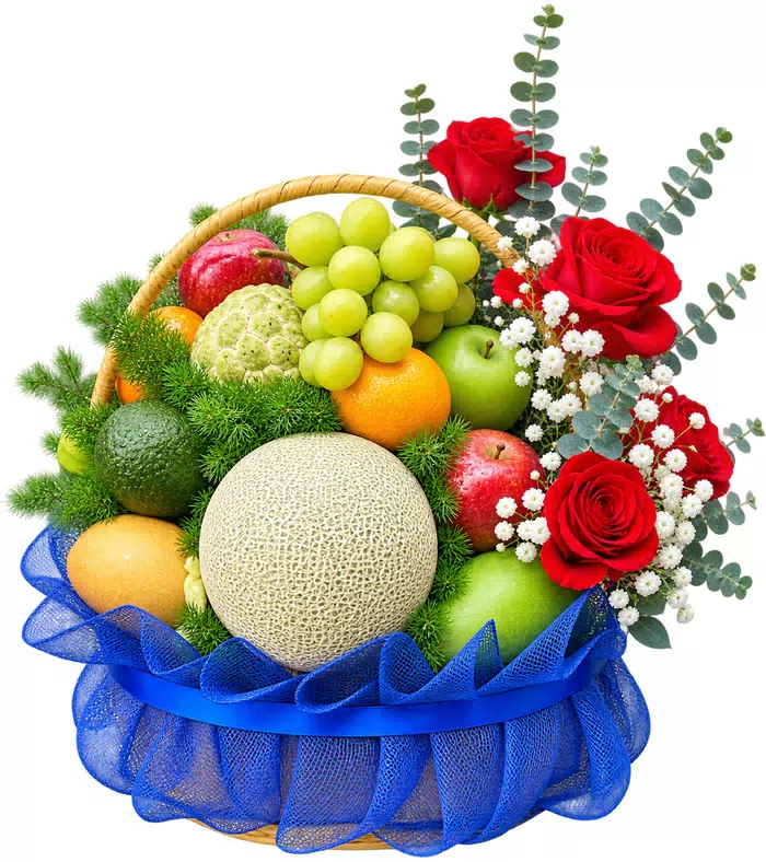 Giỏ trái cây hồng đỏ, lưới và nơ xanh