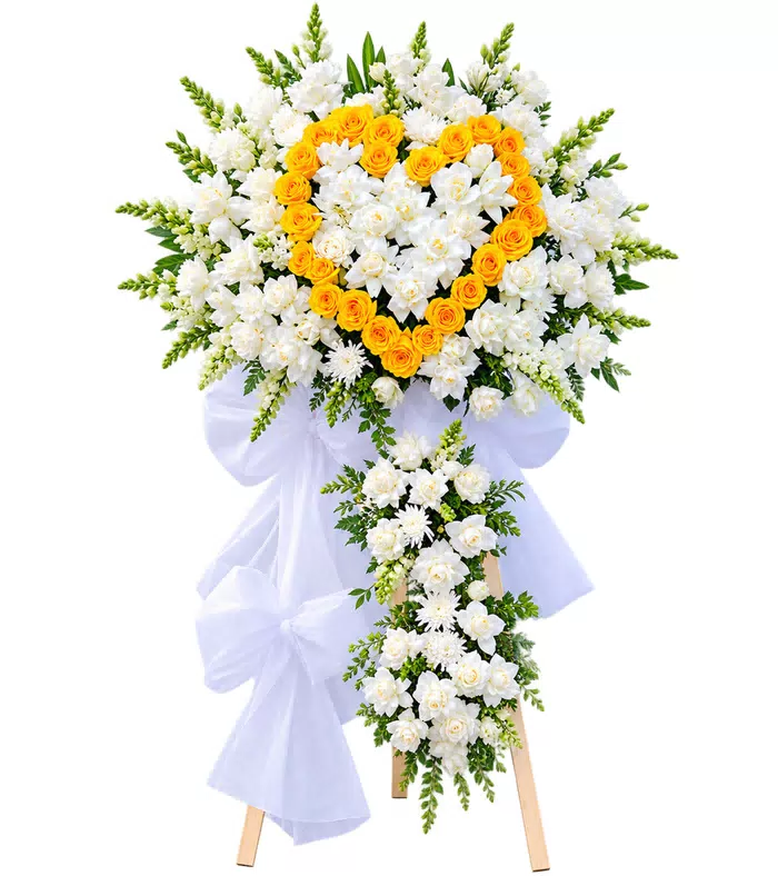 Kệ hoa viếng trái tim vàng trắng