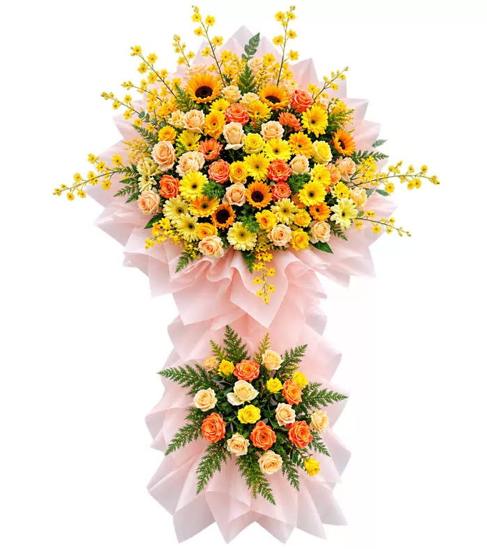 Kệ khai trương hướng dương hai tầng, lan vàng và giấy hồng nhạt