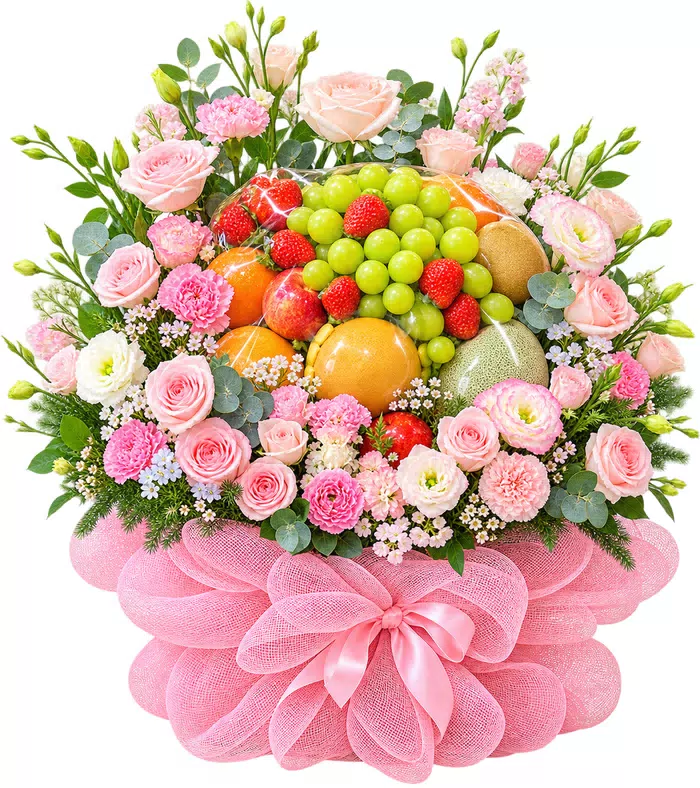 Giỏ trái cây hoa hồng phấn, hoa viền quanh và nơ hồng