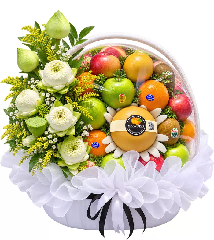 Giỏ trái cây hoa trắng xanh, lưới trắng và nơ trắng
