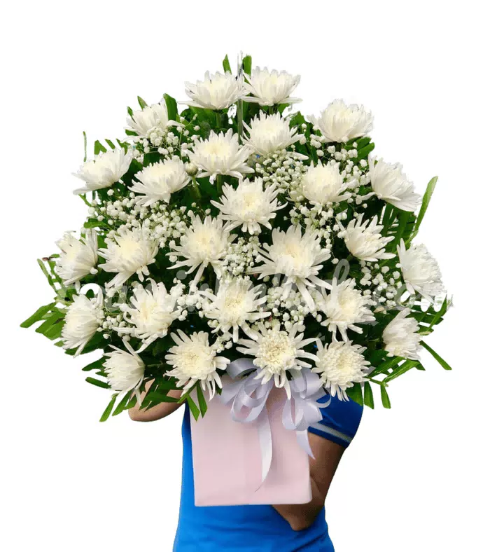 Giỏ hoa phân ưu trắng xanh, hoa cúc trắng