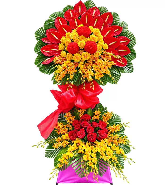 Kệ khai trương hồng môn đỏ hoa vàng