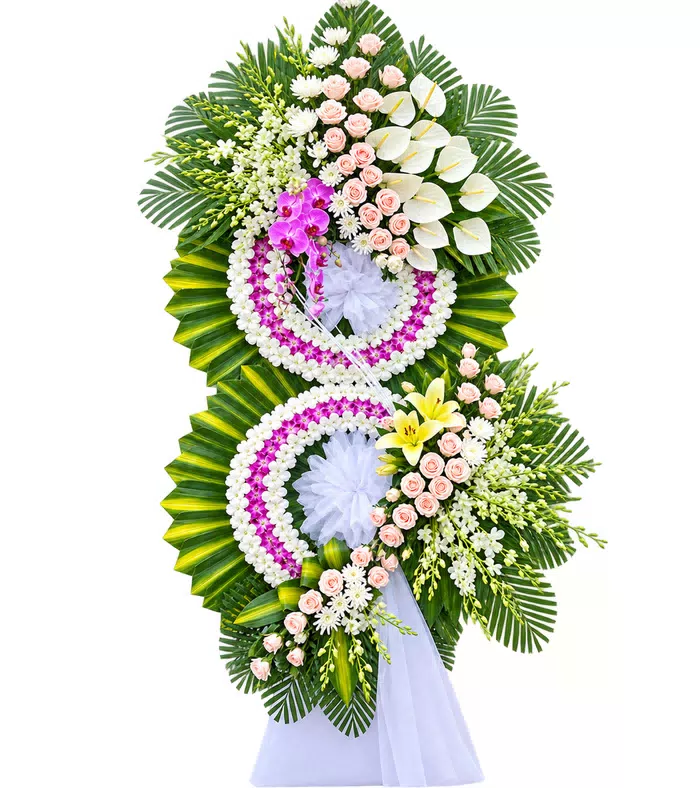 Kệ hoa viếng hồng trắng tím, hai vòng viếng hai màu