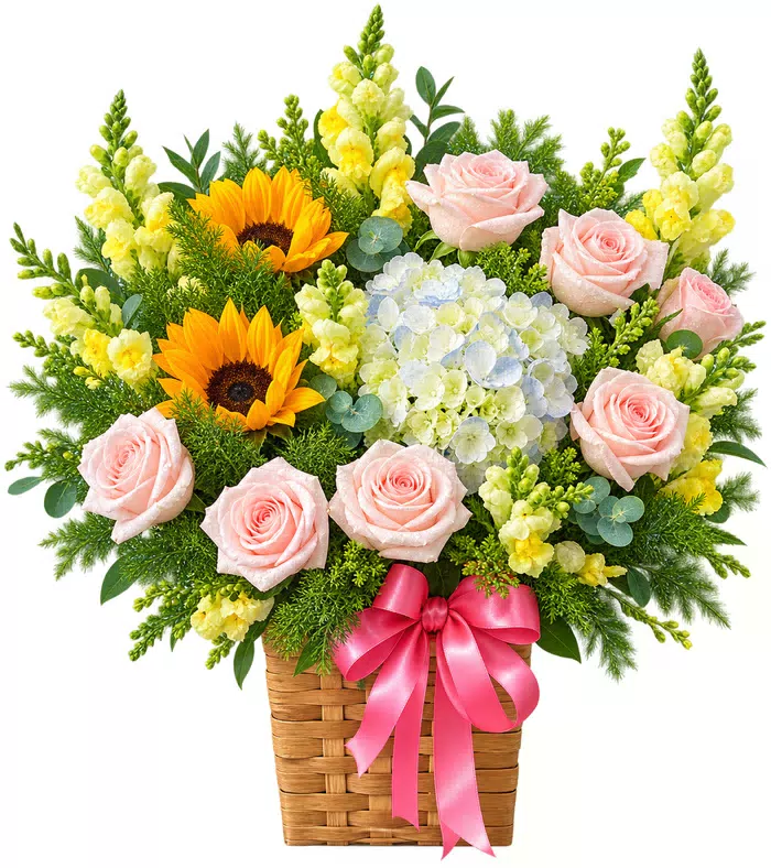 Giỏ hoa hướng dương phối hồng phấn, giỏ đan