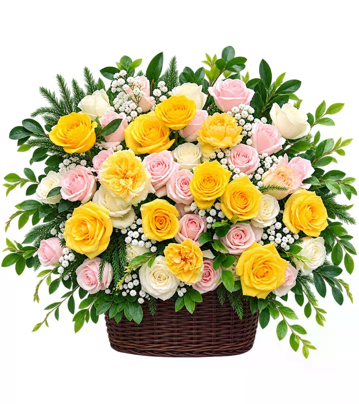 Giỏ hồng vàng hồng phấn, baby trắng và lá xanh