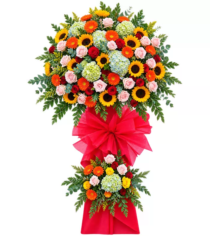 Kệ khai trương hướng dương hai tầng, giấy và nơ đỏ