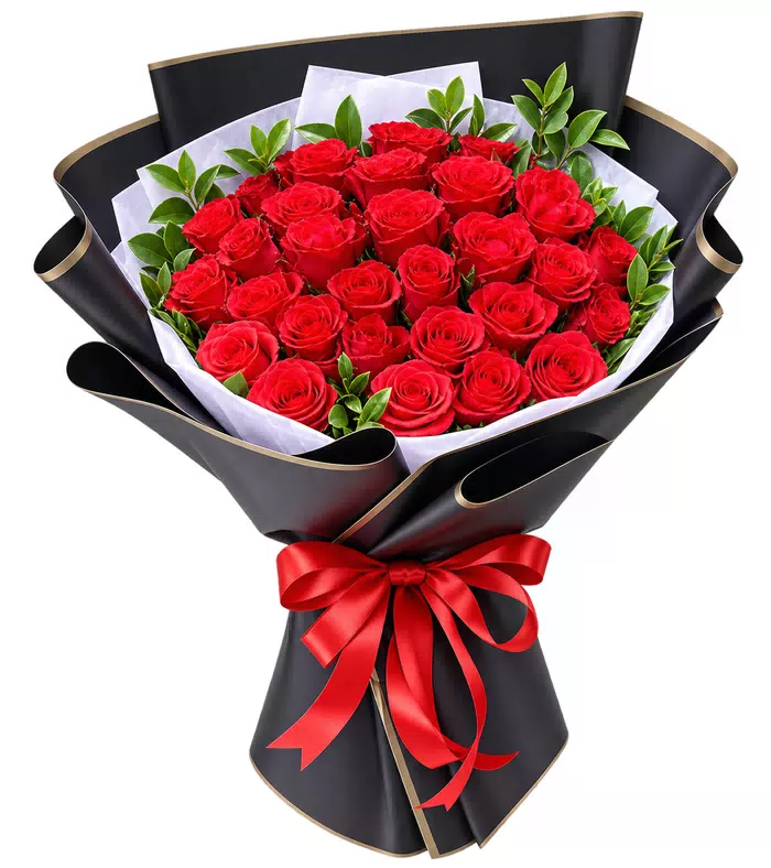 Bó hồng đỏ, giấy đen, giấy đen viền vàng và nơ đỏ