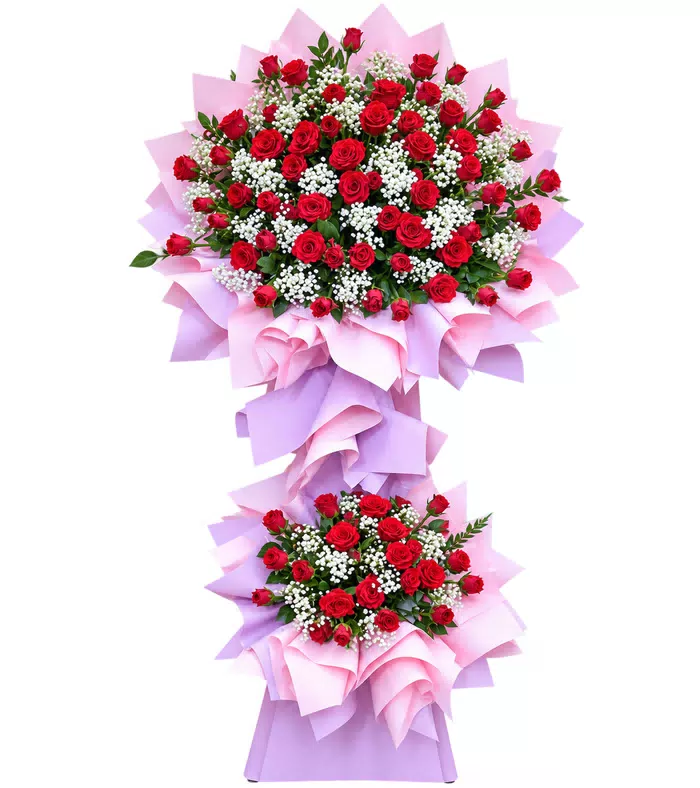 Kệ khai trương hồng đỏ hai tầng, giấy hồng tím