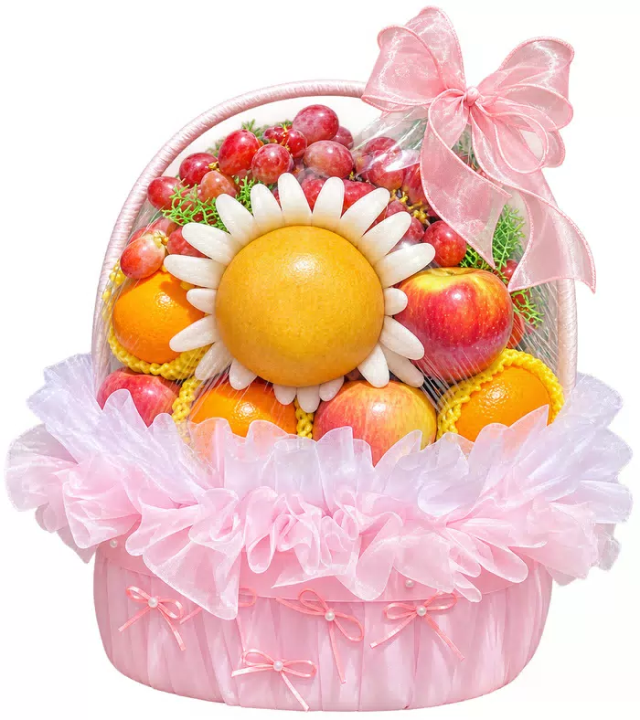 Giỏ trái cây nơ hồng, giỏ và lưới hồng