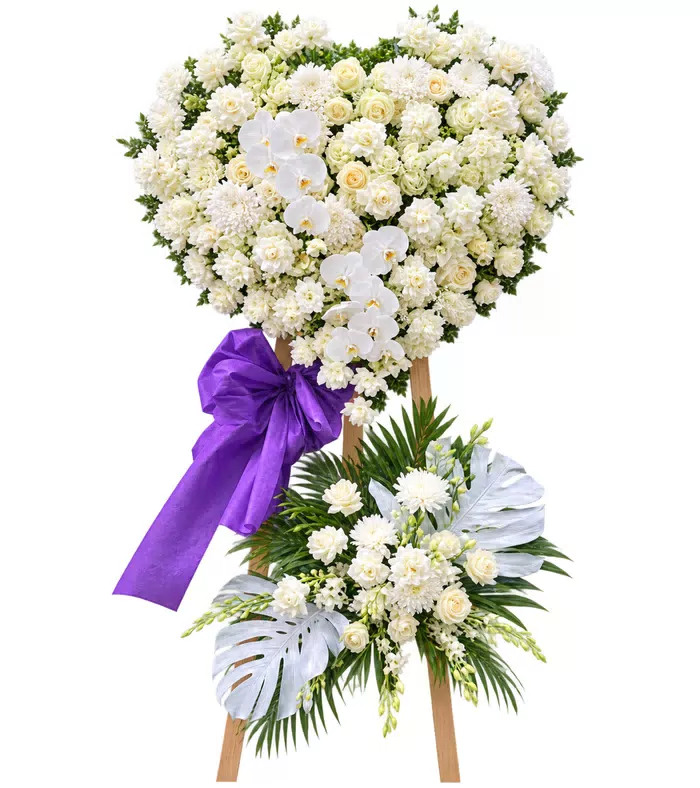 Kệ hoa viếng hồng trắng nơ tím