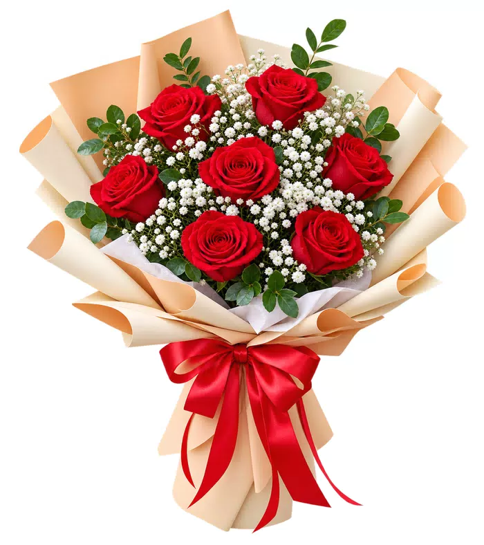 Bó hồng đỏ, giấy cam kem, nơ đỏ