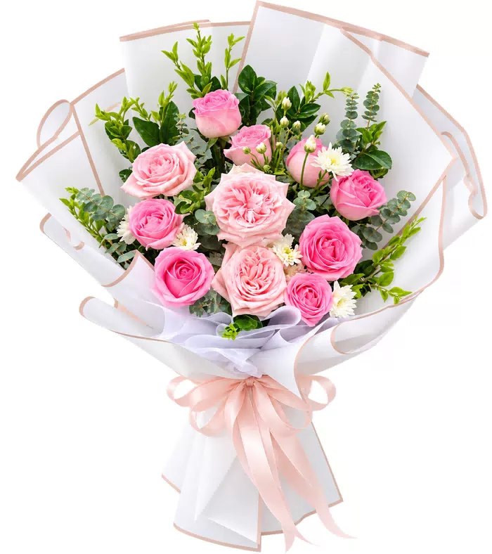 Bó hồng phấn phối cẩm chướng, nơ hồng