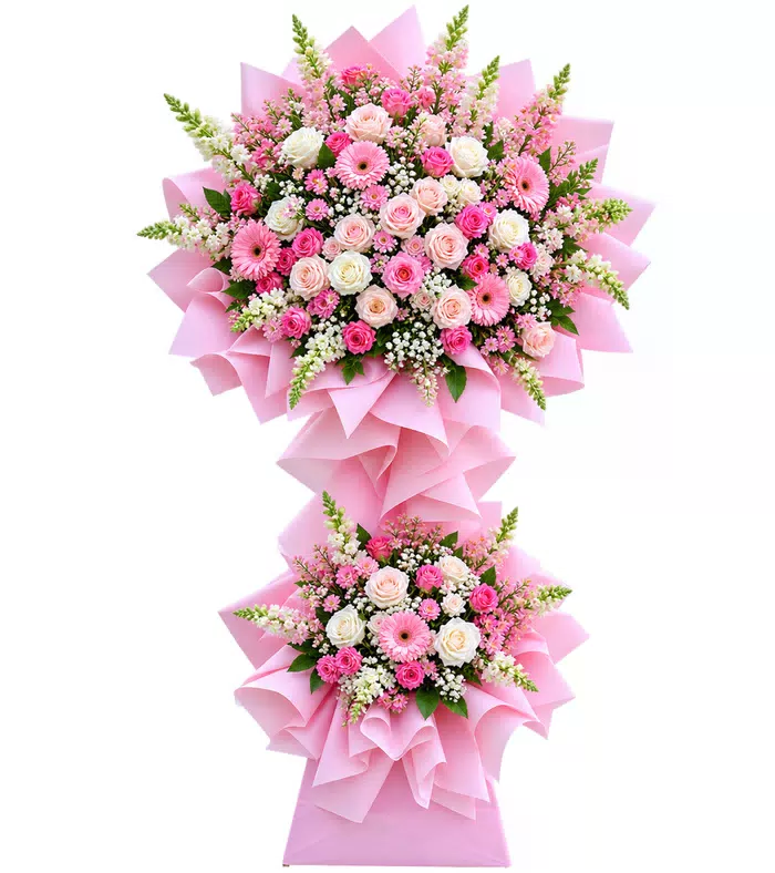 Kệ khai trương hồng phấn hai tầng, giấy xếp hồng nhạt