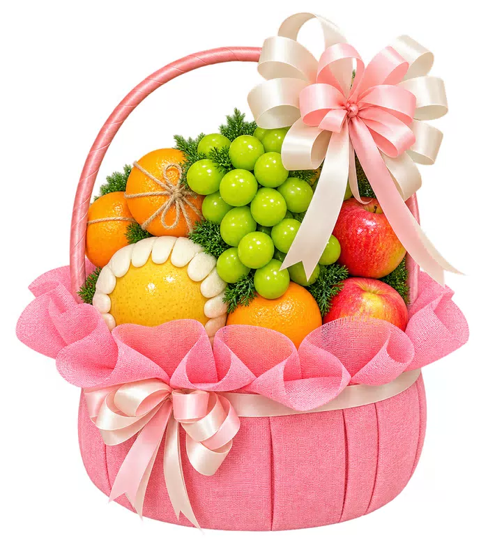 Giỏ trái cây nơ hồng, giỏ có quai và lưới hồng