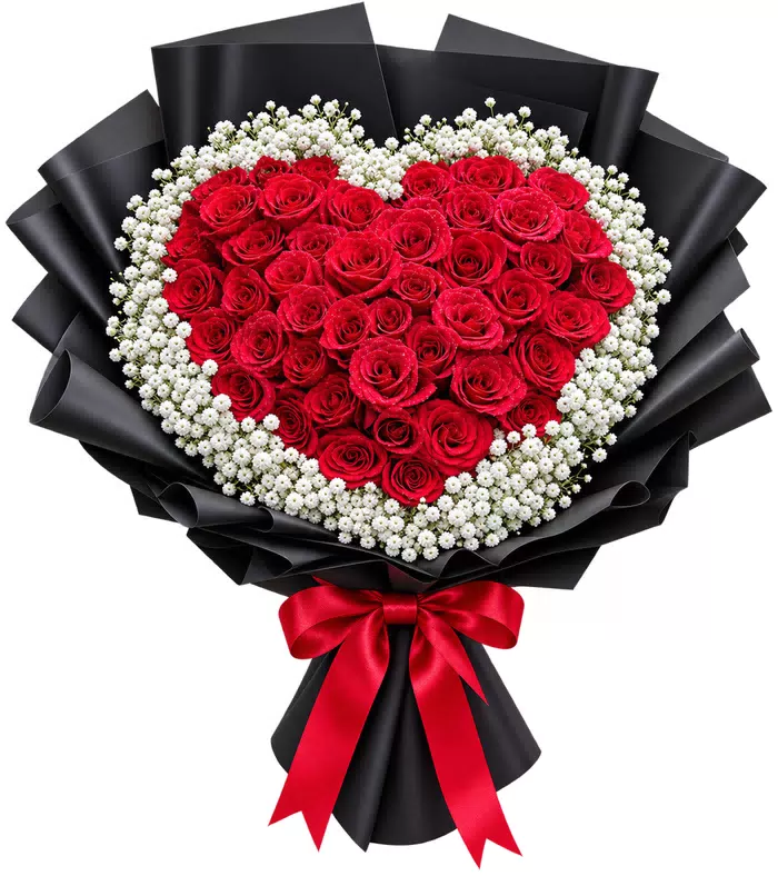 Bó hồng trái tim, giấy đen, giấy đen và nơ đỏ