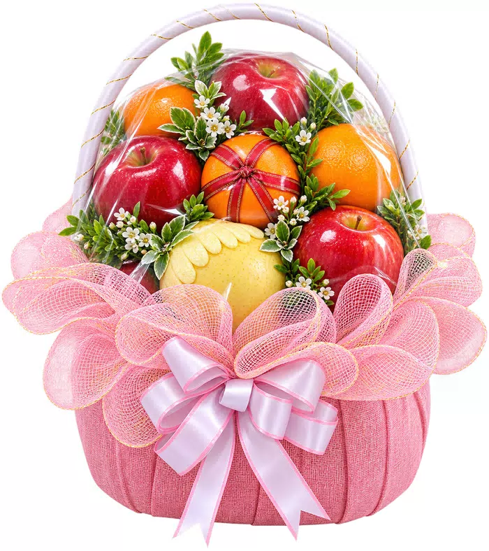 Giỏ trái cây nơ hồng, lưới hồng và quai trắng
