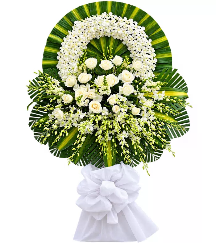 Vòng hoa viếng trắng, hoa rủ và nơ trắng