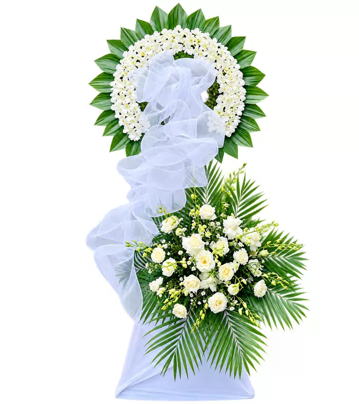 Kệ hoa viếng trắng xanh, vòng viếng phía trên