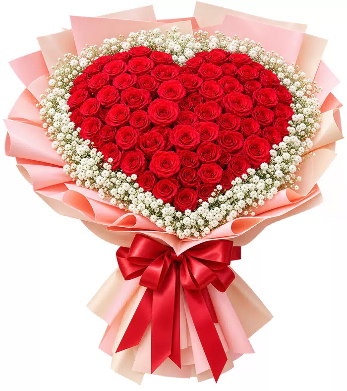 Bó hồng trái tim gói hồng, nơ đỏ sẫm