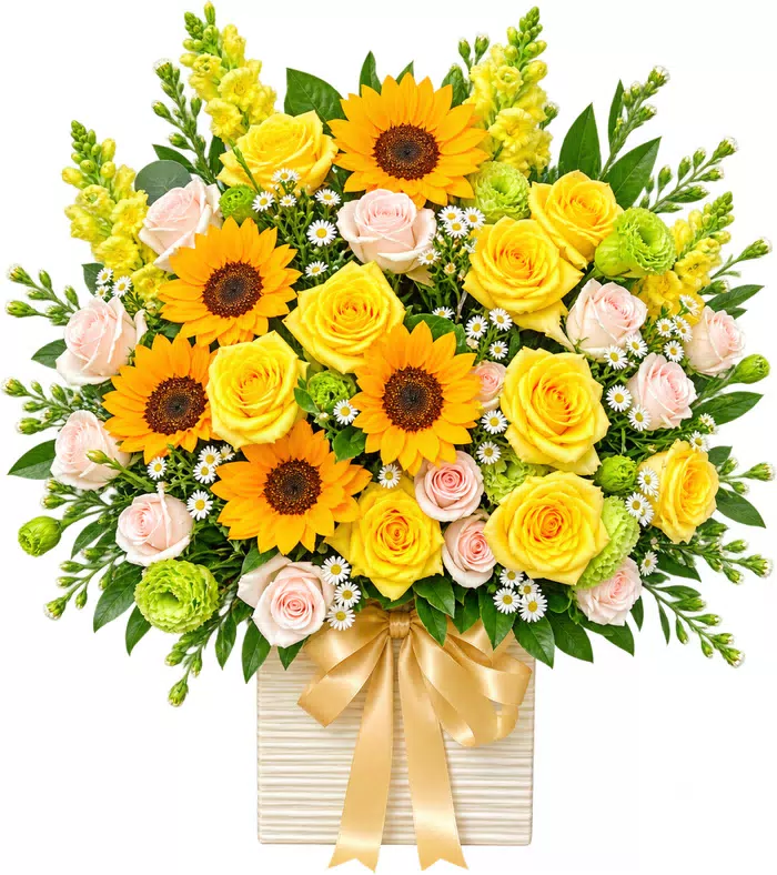 Giỏ hoa hướng dương hồng vàng, hoa xanh và nơ vàng