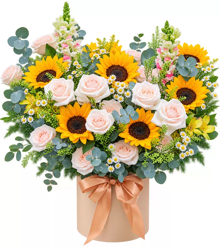 Giỏ hoa hướng dương hồng trắng