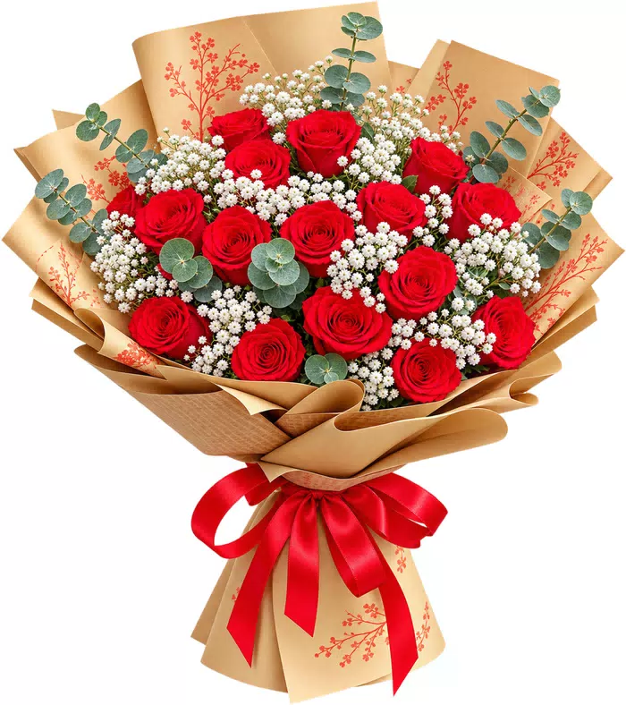 Bó hồng đỏ, giấy kraft in