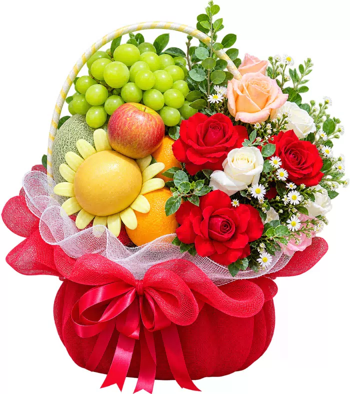 Giỏ trái cây hồng đỏ kem, lưới và nơ đỏ