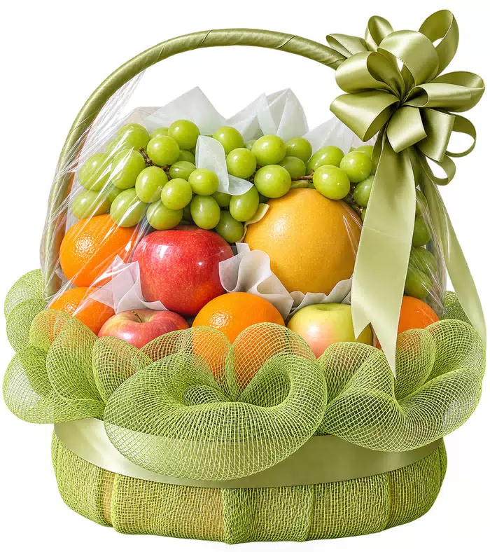 Giỏ trái cây nơ xanh, lưới xanh và quai xanh