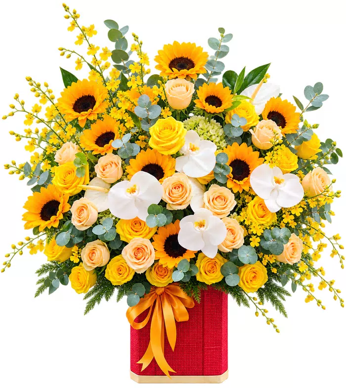 Giỏ hoa hướng dương lan trắng, hồng vàng kem và nơ vàng