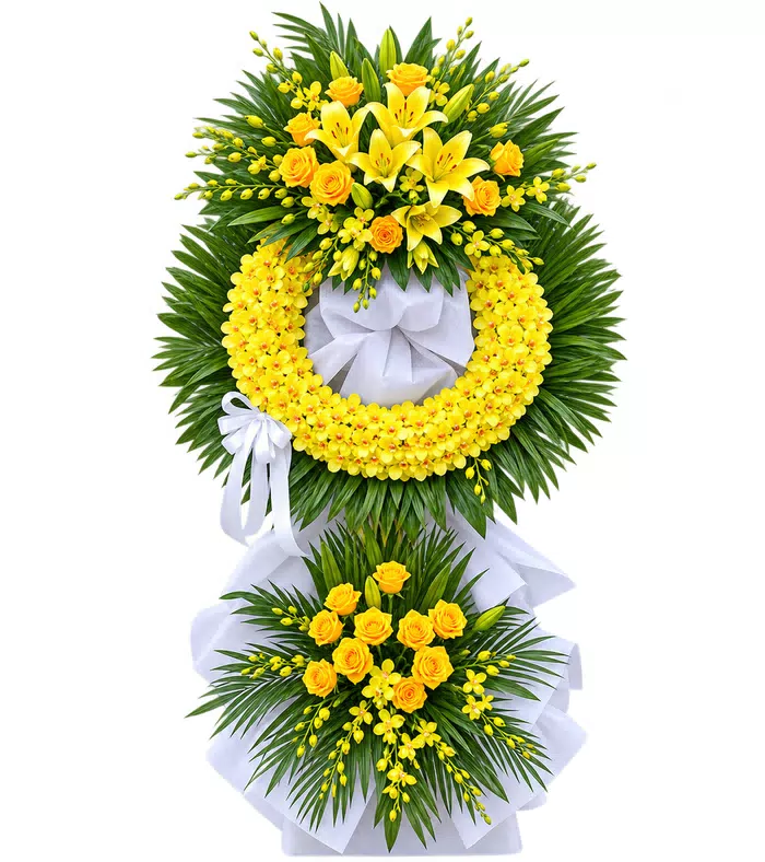 Kệ hoa viếng vàng trắng, hai cụm ly vàng và vải trắng
