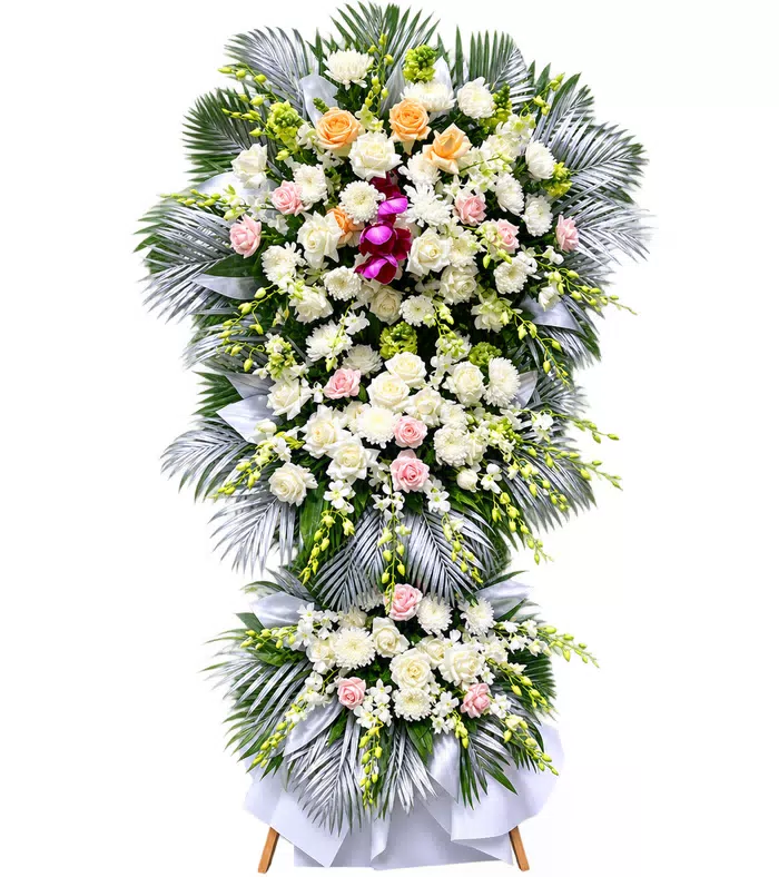 Kệ hoa viếng hồng trắng, hoa rủ và chân gỗ