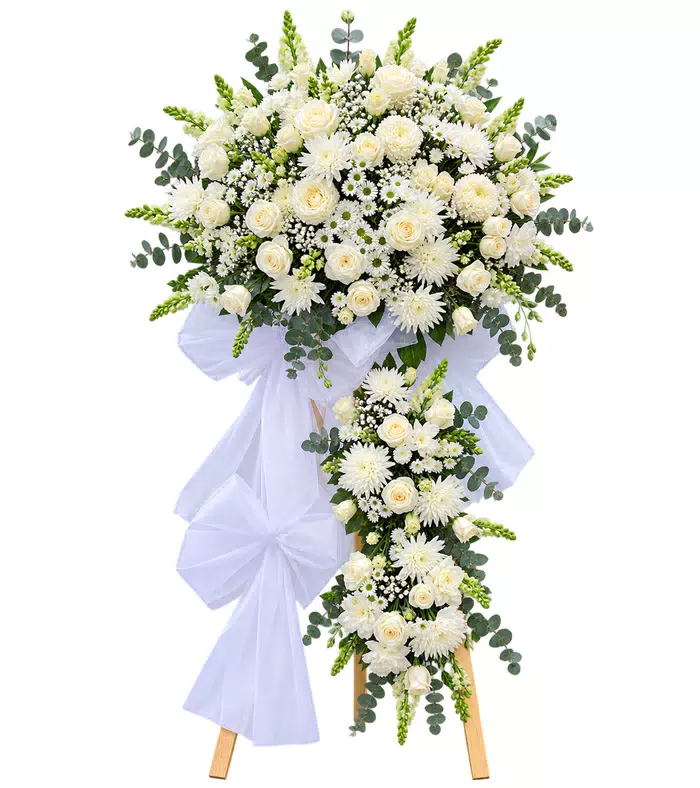 Kệ hoa viếng trắng, hoa rủ phía dưới và chân gỗ