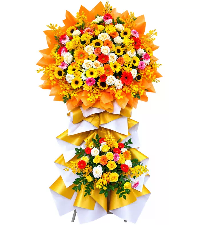 Kệ khai trương nhiều màu hai tầng, giấy cam trắng