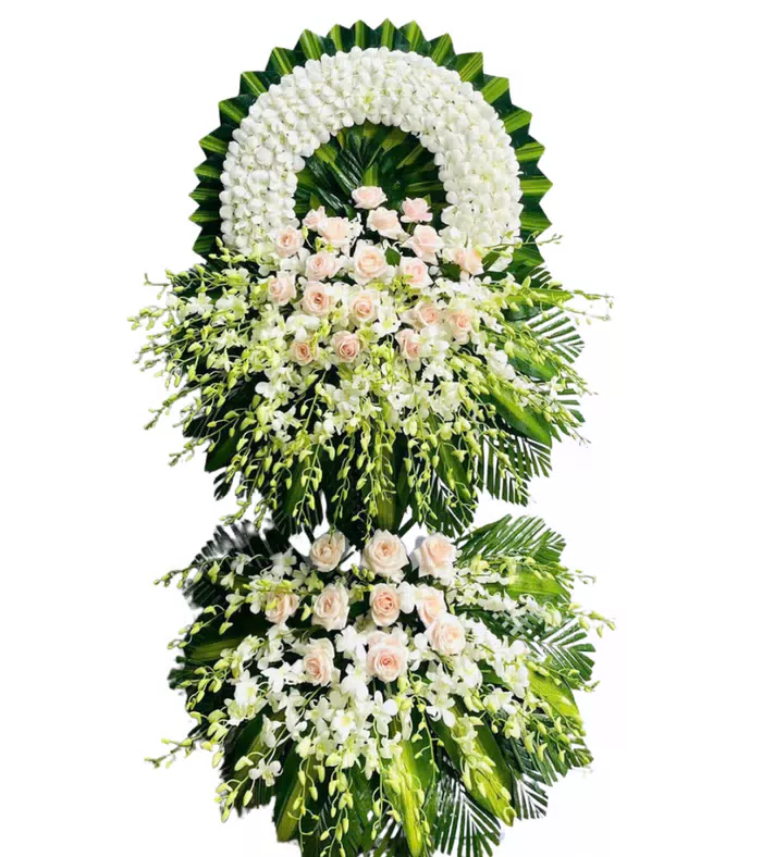 Kệ hoa viếng trắng hồng, hoa hồng phấn và cúc trắng