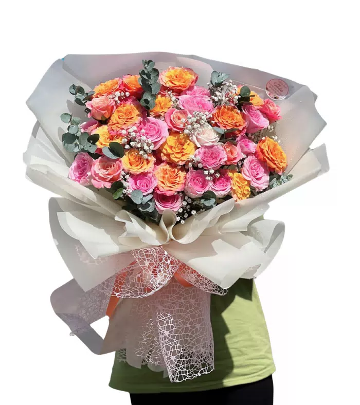 Bó hoa sắc cam phối màu hồng sen đẹp