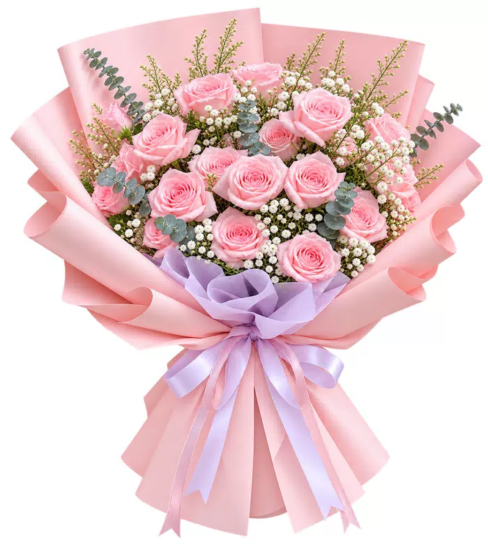 Bó hồng phấn nơ tím nhạt