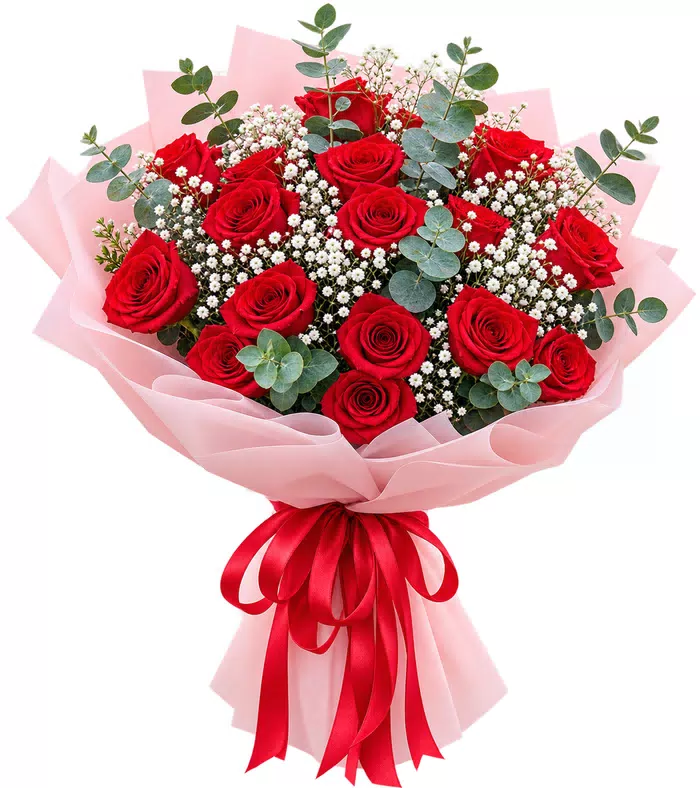 Bó hồng đỏ gói hồng phấn, nơ đỏ