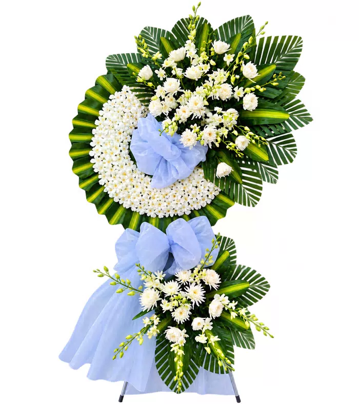 Kệ hoa viếng trắng nơ xanh, vòng viếng tròn