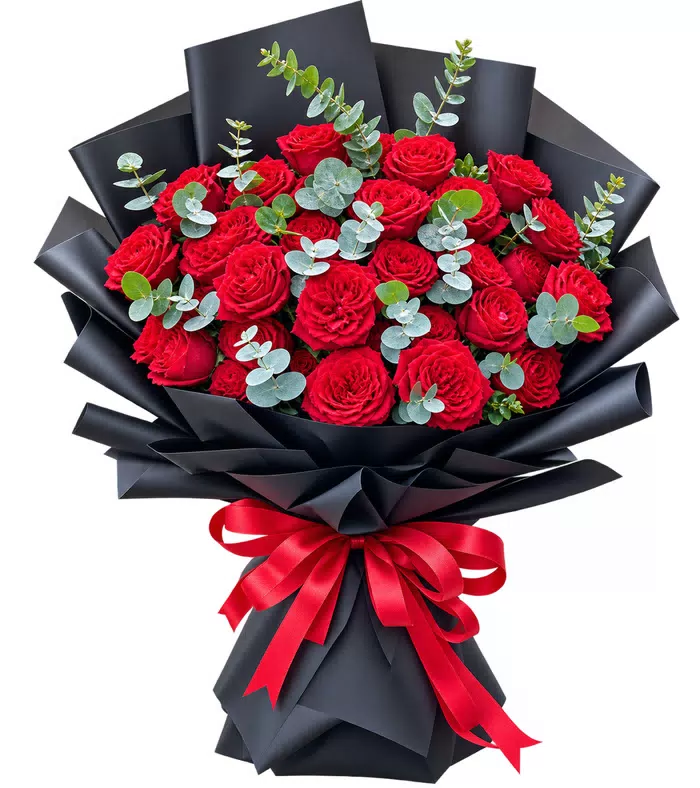 Bó hồng đỏ, giấy đen, nơ đỏ dài